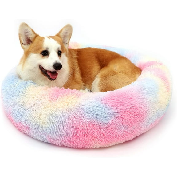 Dog Bed Calming Dog Beds for Small Medium Large Dogs - Round Donut Washable Dog Bed, Anti-Slip Faux Fur Fluffy Donut Cuddler Anxiety Cat Bed