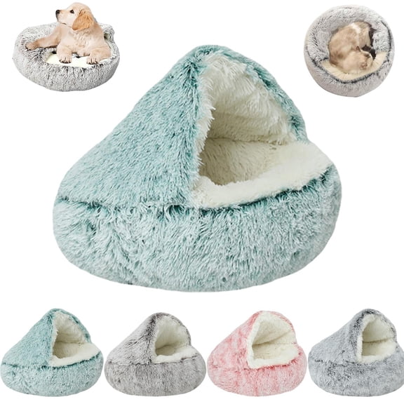 Dog Bed Cave, Cat Bed Round Plush Fluffy Hooded Cat Bed Cave, Anti-Slip Bottom & Washable Warm Sleeping Pet Beds for Indoor Cats Cave & Calming Dog Beds Winter