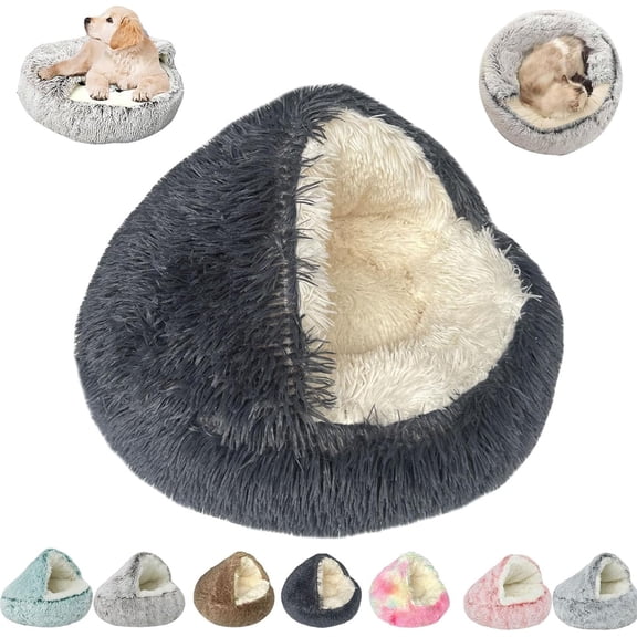 Dog Bed Cave, Cat Bed Round Plush Fluffy Hooded Cat Bed Cave, Anti-Slip Bottom & Washable Warm Sleeping Pet Beds for Indoor Cats Cave & Calming Dog Beds Winter