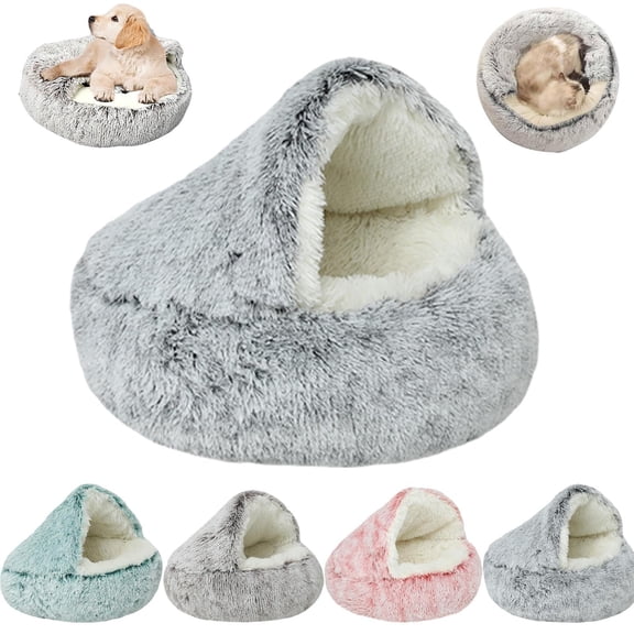 Dog Bed Cave, Cat Bed Round Plush Fluffy Hooded Cat Bed Cave, Anti-Slip Bottom & Washable Warm Sleeping Pet Beds for Indoor Cats Cave & Calming Dog Beds Winter