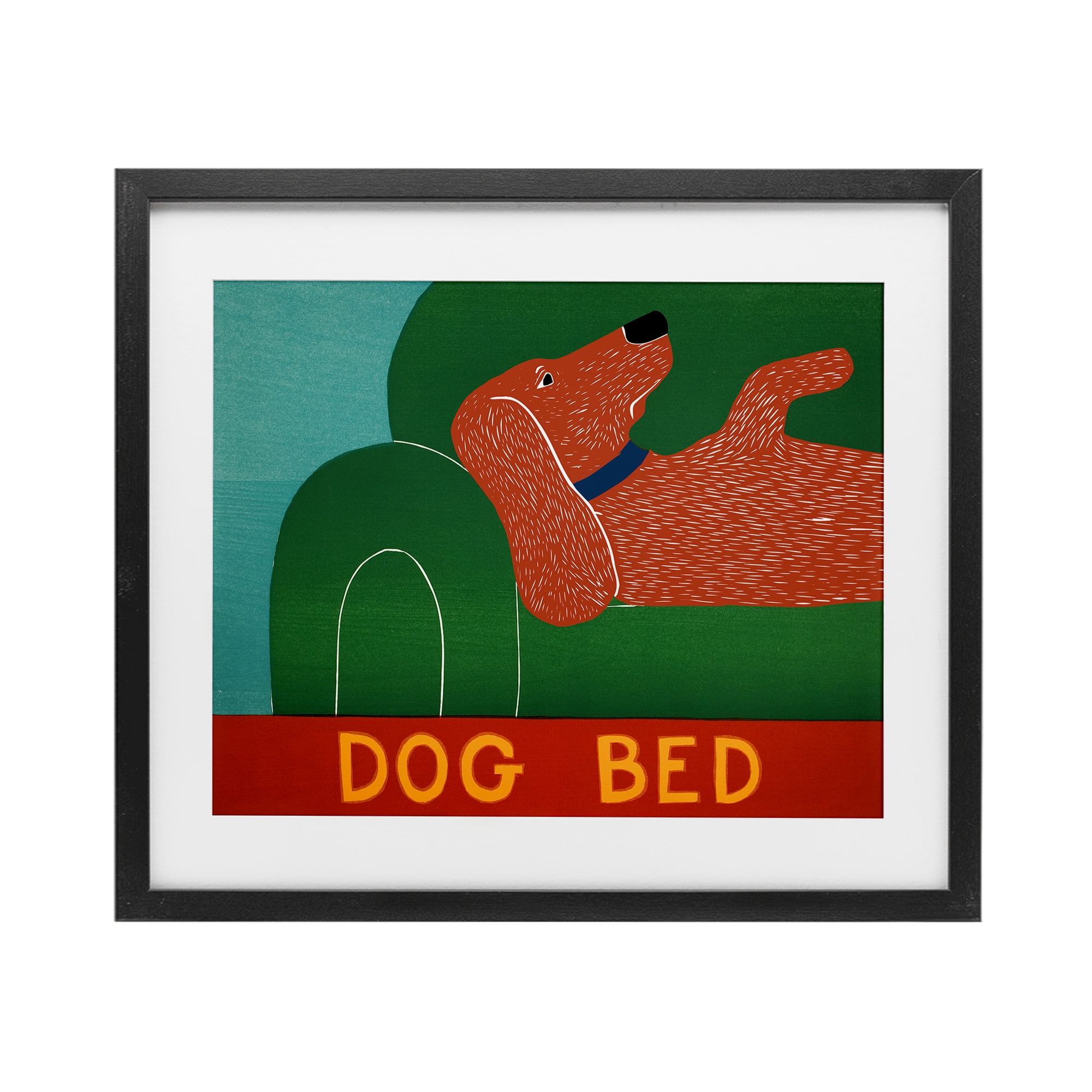 Dog Bed Couch Black Framed Print Under Glass, design by Stephen Huneck