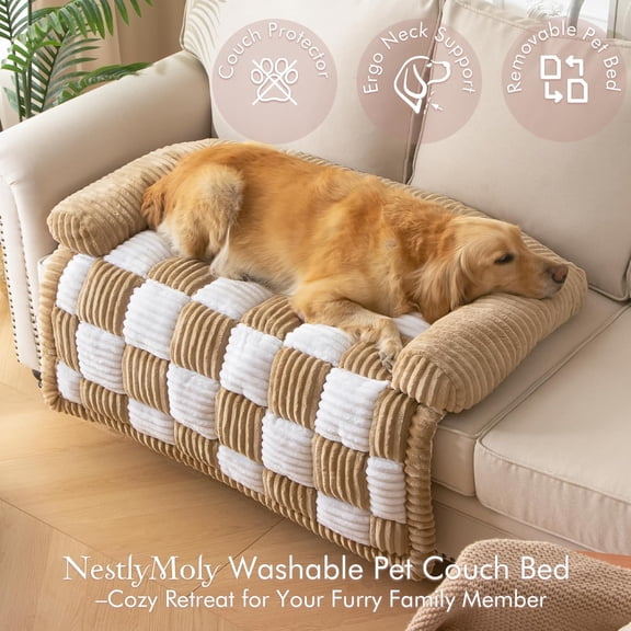 Dog Bed for Couch with Bolster, Comfy Couch Cover for Dogs Washable, Non-Slip Plush Furniture Protector, Calming Fuzzy Lounge Mat, Pet Sofa Accessories (Camel, Small)