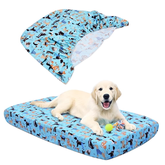 Dog Bed Cover Replacement, Washable Pet Bed Protector with Elastic Edges, Cute Dog Pattern Design for Small & Medium Beds, Fits 36x27x6 Inch, Blue