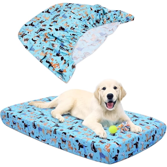 Dog Bed Covers Replacement Elastic Edged Washable Pet Bed Protector with Cute Dog Pattern Design for Small & Medium Pet Beds, Cover Only (Blue, 36x27x6 Inch)