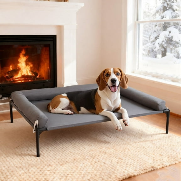 DOMIPET Elevated Dog Bed for Large Dogs, Portable Cooling Raised Dog Cot with Bolsters, Indoor Outdoor Dog Sofa Bed, Breathable Pet Bed, Gray