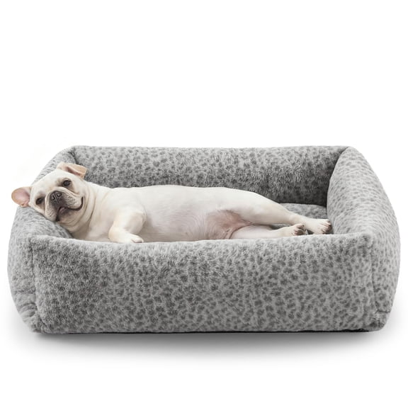 Dog Bed For Small Medium Dogs  Removable Washable Cover Soft Faux Rabbit Pet Anti-slip Fluffy Plush Puppy 25"x21"x7" Leopard Print Grey