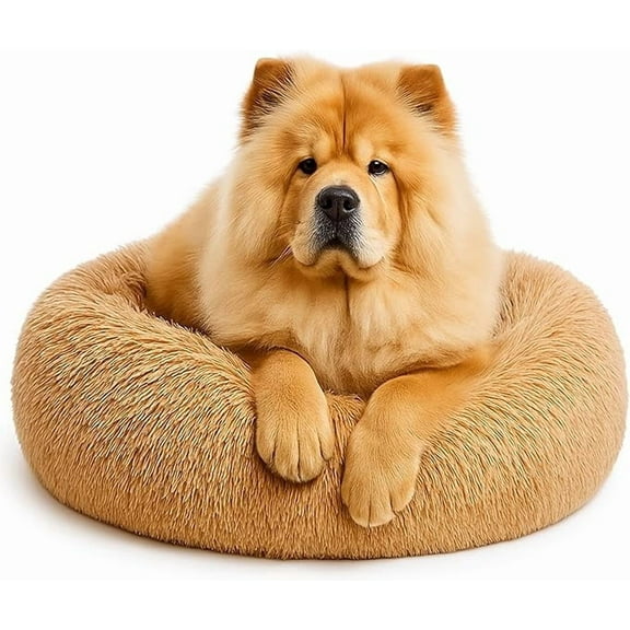 YESINDEED Calming Dog Bed - Fluffy Donut Cuddler for Anxiety Relief, Orthopedic Pet Bed (Camel, Large)