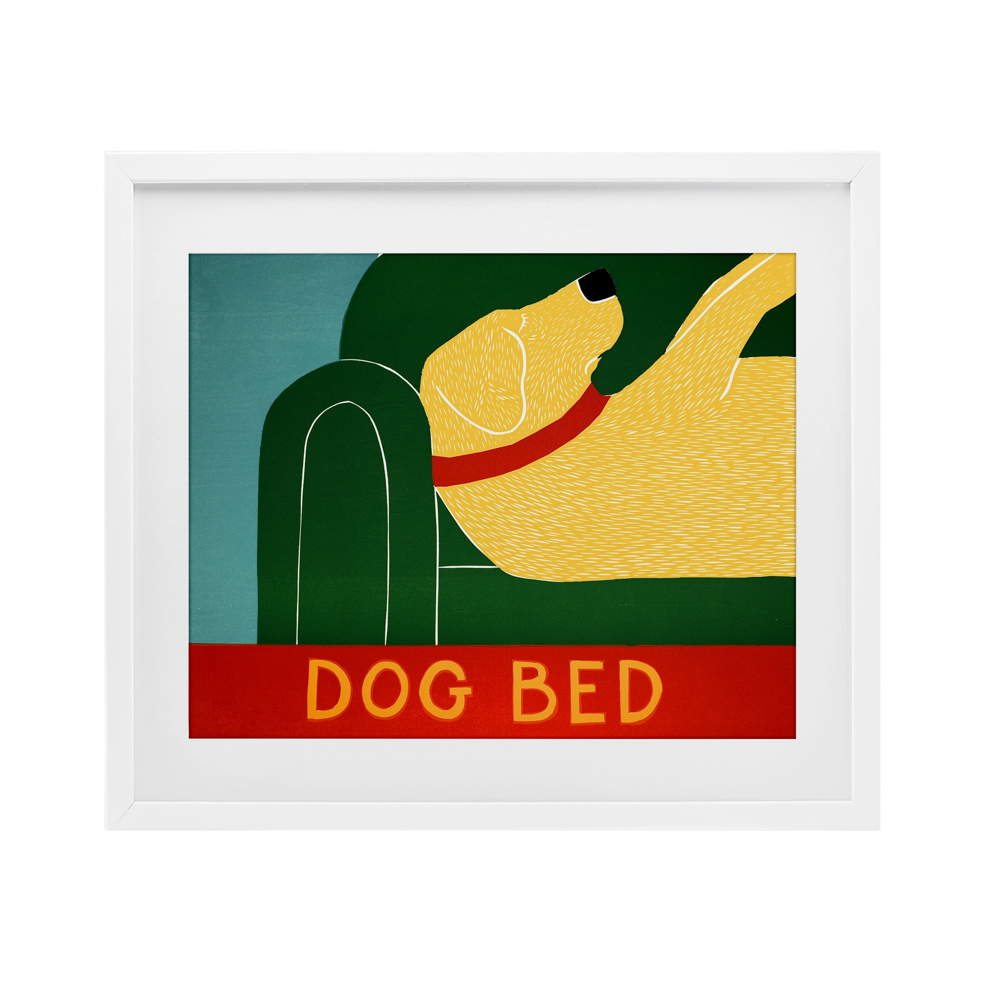 Dog Bed Labrador White Framed Print Under Glass, design by Stephen Huneck