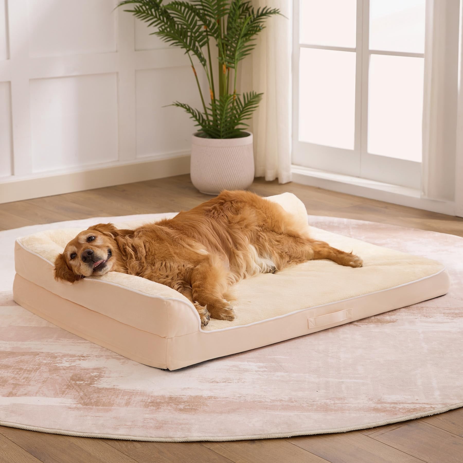 Dog Bed Large Sized Dogs  For Waterproof Pet With Washable Removable Cover L-shaped Couch Portable Handle 36"x27"x6.5" Beige