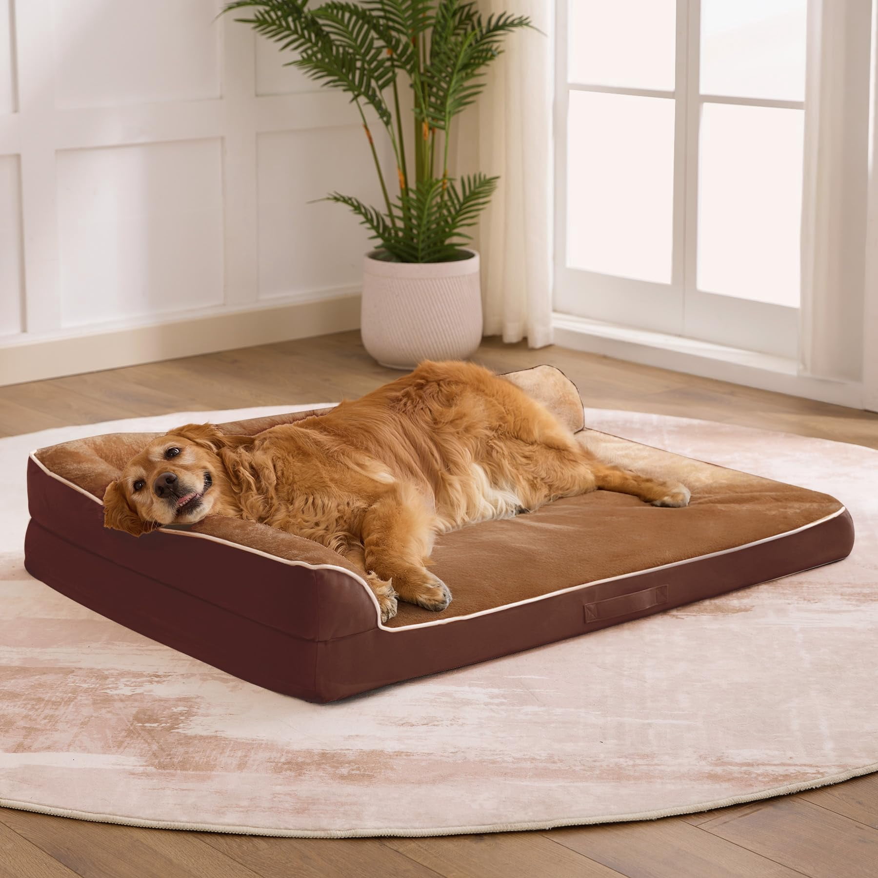 Dog Bed Large Sized Dogs  For Waterproof Pet With Washable Removable Cover L-shaped Couch Portable Handle 36"x27"x6.5" Brown