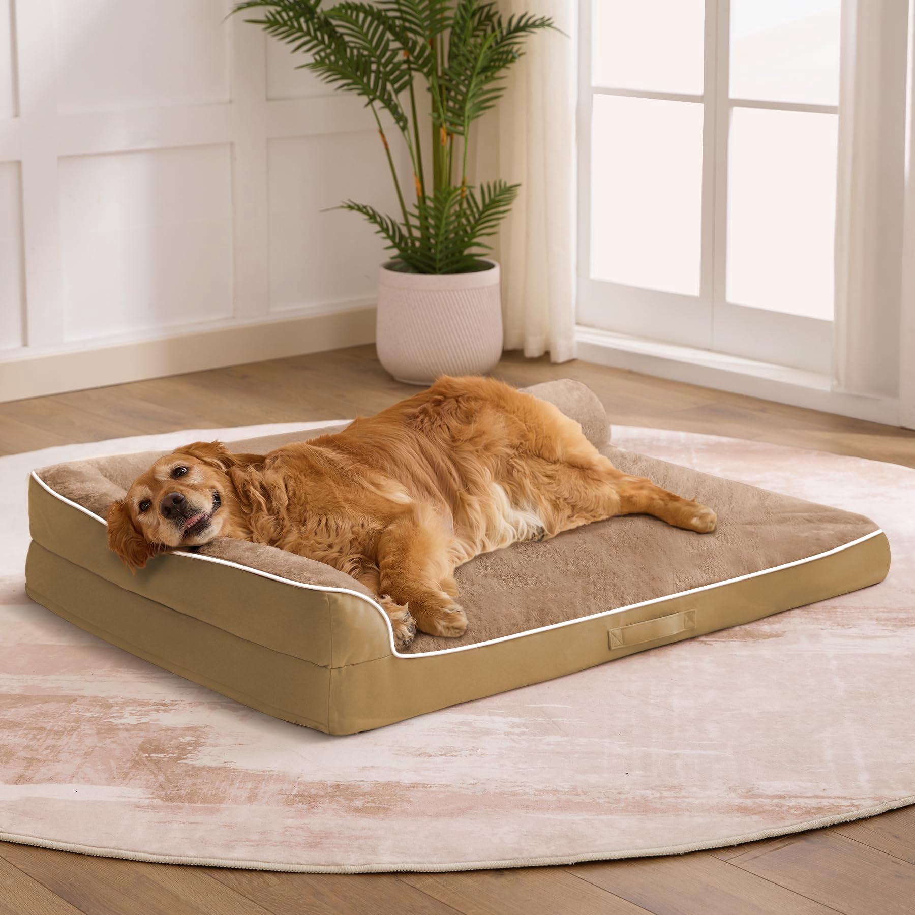 Dog Bed Large Sized Dogs  For Waterproof Pet With Washable Removable Cover L-shaped Couch Portable Handle 36"x27"x6.5" Camel
