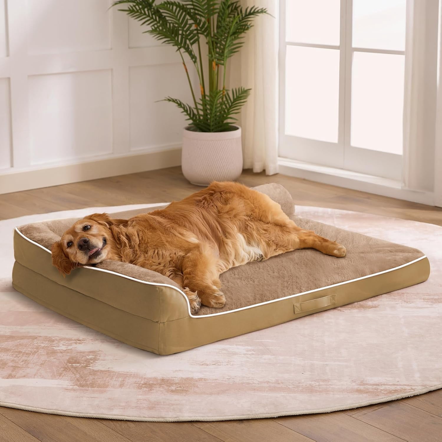 Dog Bed Large Sized Dogs, Orthopedic Dog Bed for Large Dogs, Waterproof Pet Bed with Washable Removable Cover, L-Shaped Pet Couch with Portable Handle 36"x27"x6.5", Camel