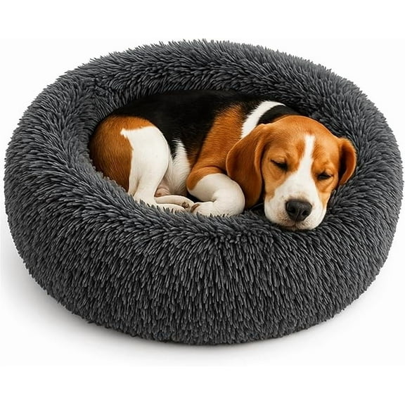 YESINDEED Calming Dog Bed - Fluffy Donut Cuddler for Anxiety Relief, Orthopedic Pet Bed (M Grey)