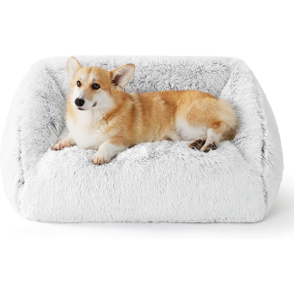 Dog Bed Medium Size - Cute Furry Calming Puppy Beds, Rectangle Washable Indoor Pet Beds with Removable Zipper Cover, 35x25x11inches, Grey