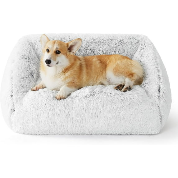 Dog Bed Medium Size - Cute Furry Calming Puppy Beds, Rectangle Washable Indoor Pet Beds with Removable Zipper Cover, 35x25x11inches, Grey