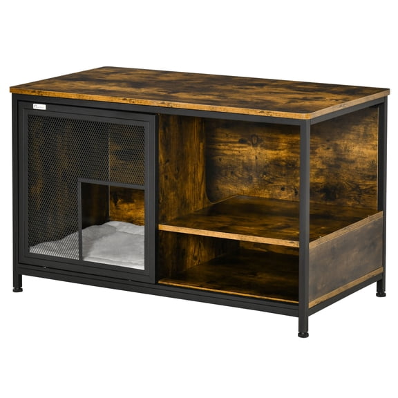 Dog Bed PawHut Cat Kennel, Furniture Style Dog Cage, Wood & Steel End Table Pet House with Cushion and Sliding Doors, Rustic Brown,Large Dog Bed