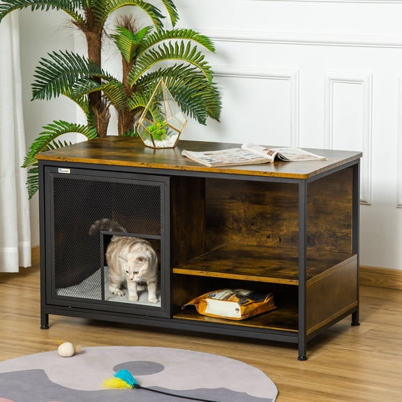 Dog Bed PawHut Cat Kennel, Furniture Style Dog Cage, Wood & Steel End Table Pet House with Cushion and Sliding Doors, Rustic Brown,Large Dog Bed
