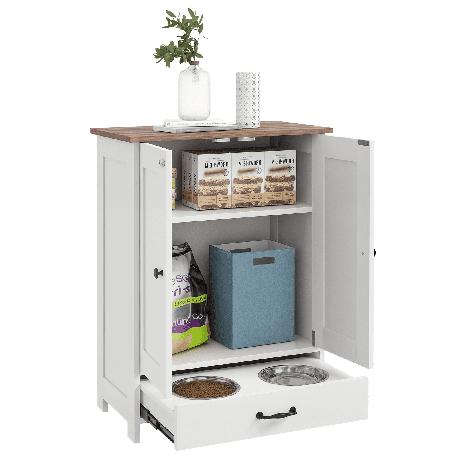 Dog Bed PawHut Dog Feeding Station, Dog Food Storage Cabinet with Hidden Dog Bowls, Adjustable Panel, Hooks for Medium Sized Dogs, White,Large Dog Bed