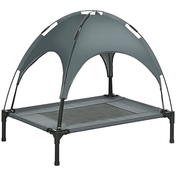 Dog Bed PawHut Elevated Portable Dog Cot Pet Bed With UV Protection Canopy Shade, 30 inch, Gray,Large Dog Bed