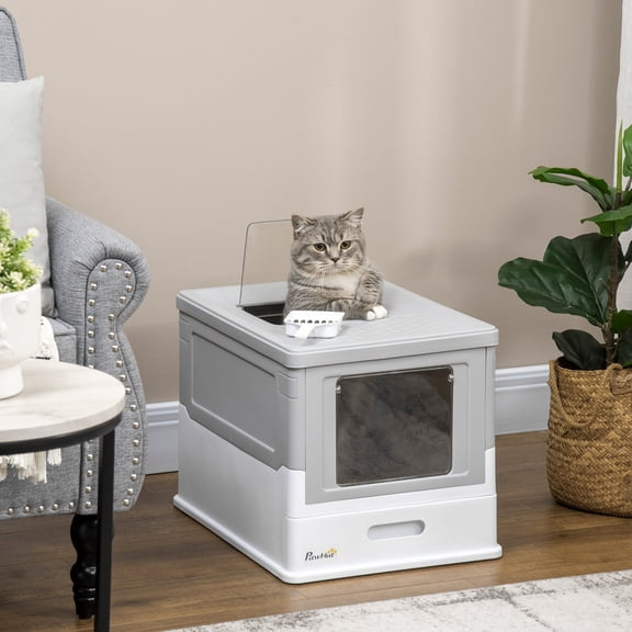 Dog Bed PawHut Fully Enclosed Cat Litter Box with Scoop, Hooded Cat Litter House with Drawer Type Tray, Foldable Smell Proof Cat Potty with Front Entry, Top Exit, Portable Pet Toilet with Large Space