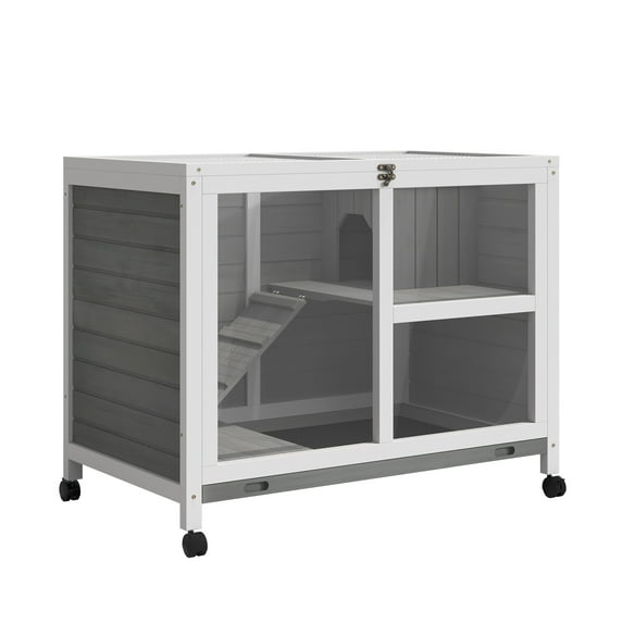 Dog Bed PawHut Indoor Rabbit Hutch with Wheels, Desk and Side Table Sized, Wood Rabbit Cage, Waterproof Small Rabbit Cage, Gray,Large Dog Bed
