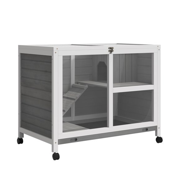 Dog Bed PawHut Indoor Rabbit Hutch with Wheels, Desk and Side Table Sized, Wood Rabbit Cage, Waterproof Small Rabbit Cage, Gray,Large Dog Bed