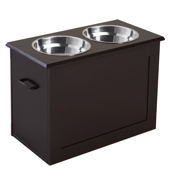 Dog Bed PawHut Raised Pet Feeding Storage Station with 2 Stainless Steel Bowls Base for Large Dogs and Other Large Pets, Dark Brown,Orthopedic Dog Bed
