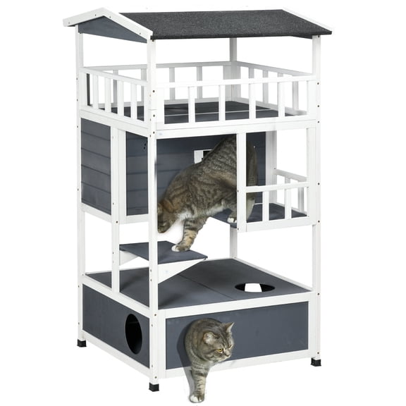 Dog Bed PawHut Wooden Outdoor Cat House, Feral Cat Shelter Kitten Tree with Asphalt Roof, Escape Doors, Condo, Jumping Platform, Grey,Large Dog Bed