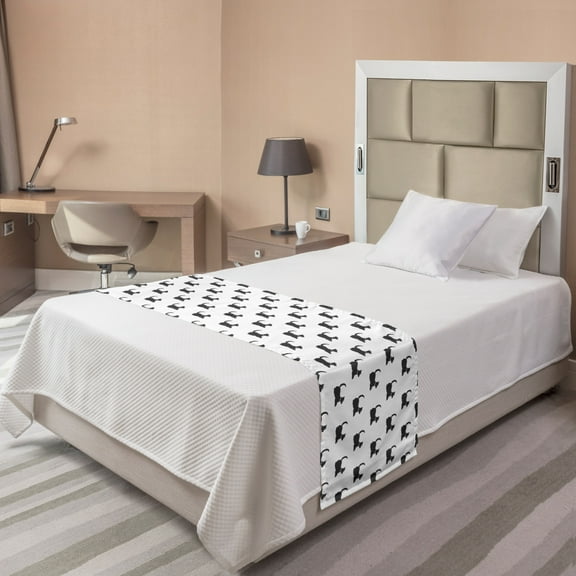 Dog Bed Runner, Monochrome Style Repetitive Doggies in Sitting Position on a Plain Background, Decorative Accent Bedding Scarf for Hotels Homes and Guestrooms, Twin, Charcoal Grey White, by Ambesonne