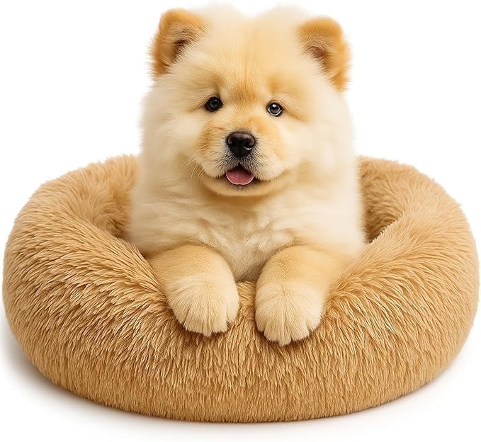 YESINDEED Calming Dog Bed - Fluffy Donut Cuddler for Anxiety Relief, Orthopedic Pet Bed (S+ Camel)