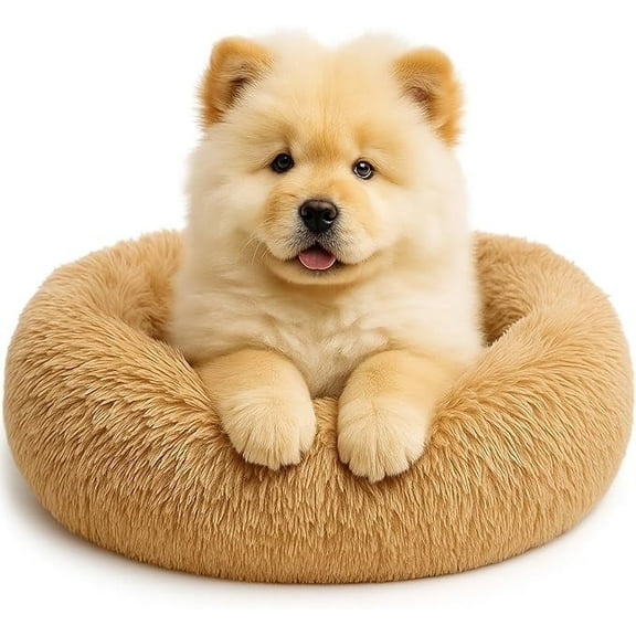 YESINDEED Calming Dog Bed - Fluffy Donut Cuddler for Anxiety Relief, Orthopedic Pet Bed (S+ Camel)
