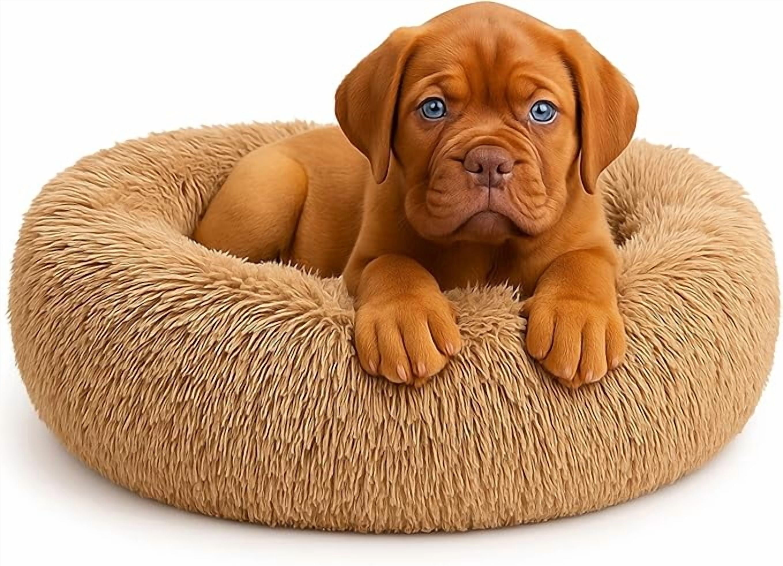 YESINDEED Calming Dog Bed - Fluffy Donut Cuddler for Anxiety Relief, Orthopedic Pet Bed (Camel, Small)