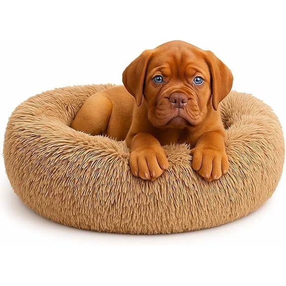 YESINDEED Calming Dog Bed - Fluffy Donut Cuddler for Anxiety Relief, Orthopedic Pet Bed (Camel, Small)