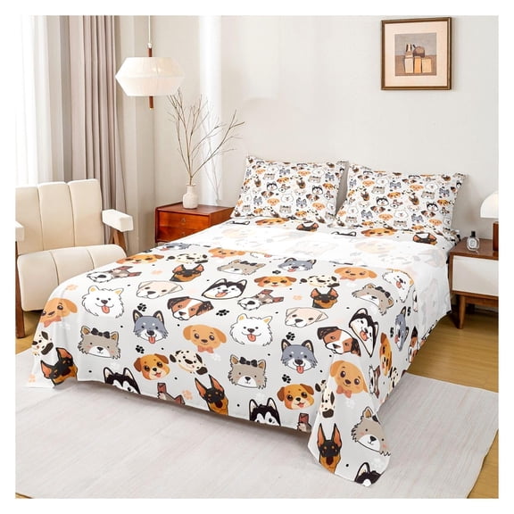 Dog Bed Sheets, King Size Deep Pocket Cartoon Pug Corgi Shiba Sheet Set, Watercolor Animal Design, Fitted & Flat Sheets, for Family, Grey