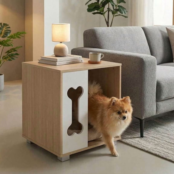Dog Bed Side Table, Wooden Dog Condo With Bone-Shape Window & Thick Metal Legs