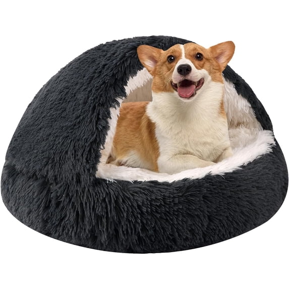 Dog Bed for Small Dogs, Cozy Cat Cave Bed, Cat Beds for Indoor Cats Washable, Non-Slip Cat Beds, Calming Dog Bed with Hooded Cover, Dog Bed with Cover for Small Medium Pets(Dark Grey, 20×20 Inch)