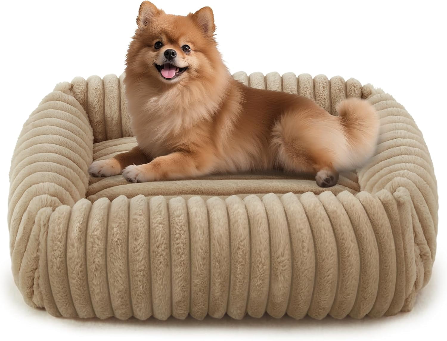 Dog Bed for Small Medium Dog, Washable Orthopedic Pet Bed with Removable Cover, Rectangle Soft Calming Sleeping Puppy Bed Durable Pet Cuddler with Anti-Slip Bottom, Beige, M (25"x21"x7")