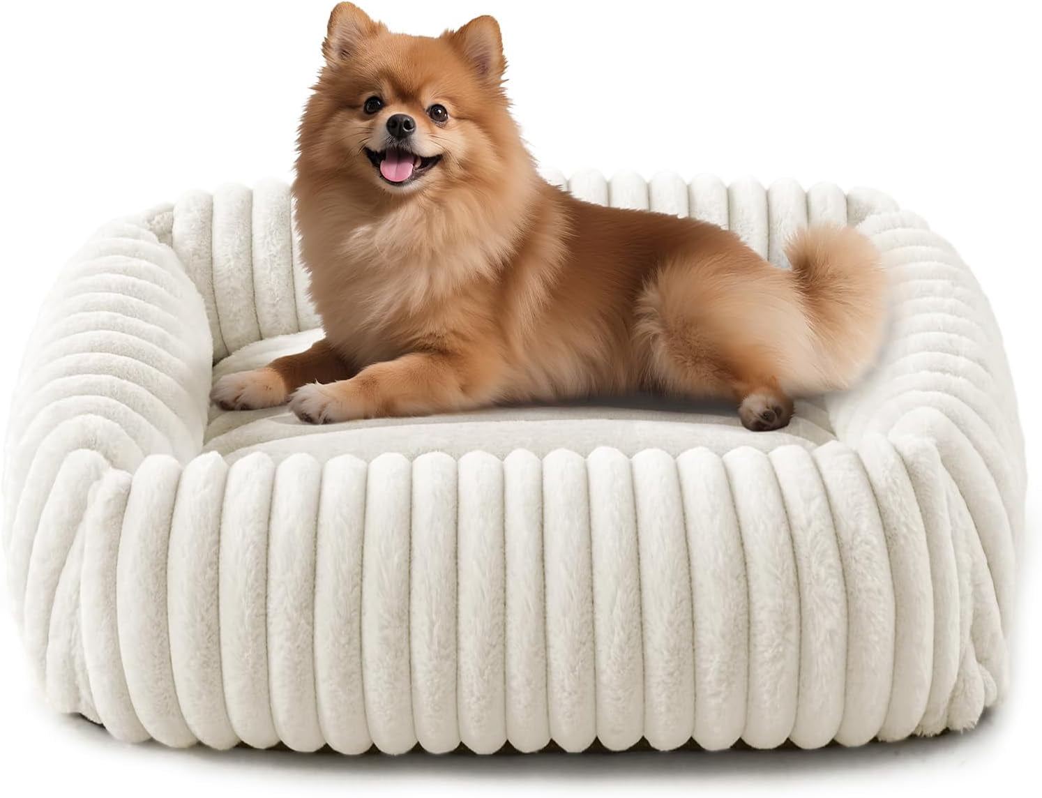 Dog Bed for Small Medium Dog, Washable Orthopedic Pet Bed with Removable Cover, Rectangle Soft Calming Sleeping Puppy Bed Durable Pet Cuddler with Anti-Slip Bottom, Cream, M (25"x21"x7")