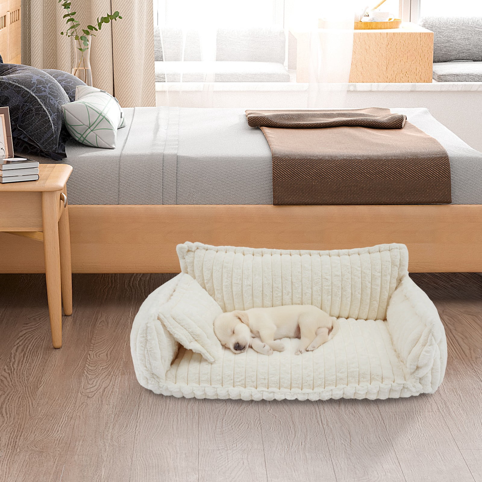 Dog Bed Sofa, XL Plush Pet Couch with Removable Washable Cover, Orthopedic Cushion & Pillow, Non-Slip Bottom for Large Dogs Cats, Modern Home Pet Furniture, White
