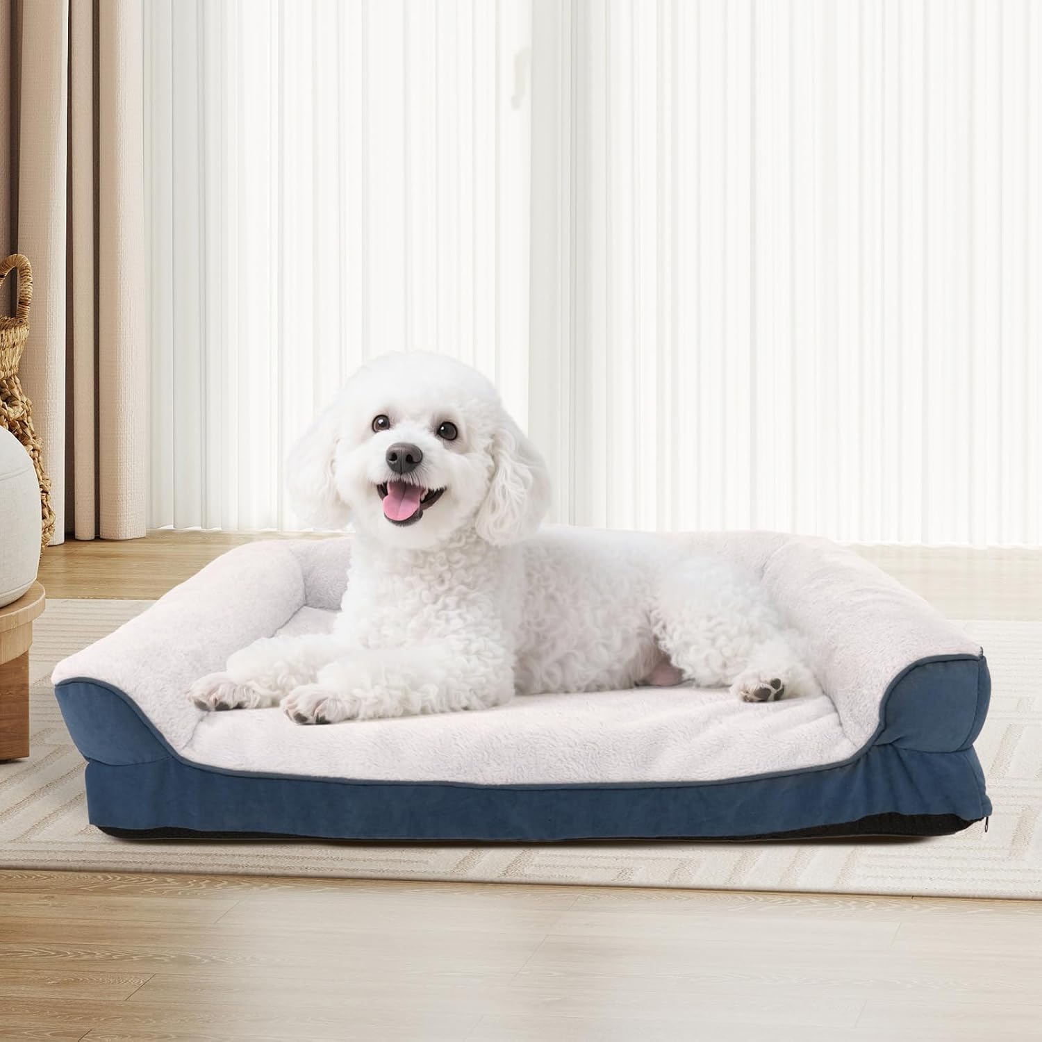 Dog Bed Waterproof Medium/Large Sized XL Foam Pet Beds Removable Washable Cover Dog Sofa Egg Crate Foam Support with Zipper Bottom Bolster Deluxe Plush Mat (Blue + White+33x25x7.8in)
