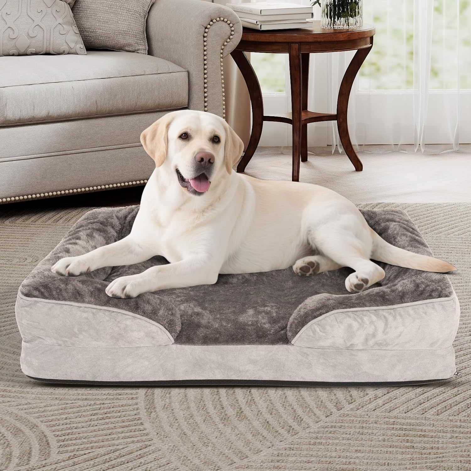 Dog Bed Waterproof Medium/Large Sized XL Foam Pet Beds Removable Washable Cover Dog Sofa Egg Crate Foam Support with Zipper Bottom Bolster Deluxe Plush Mat (34.6x26x7.5in+Grey)