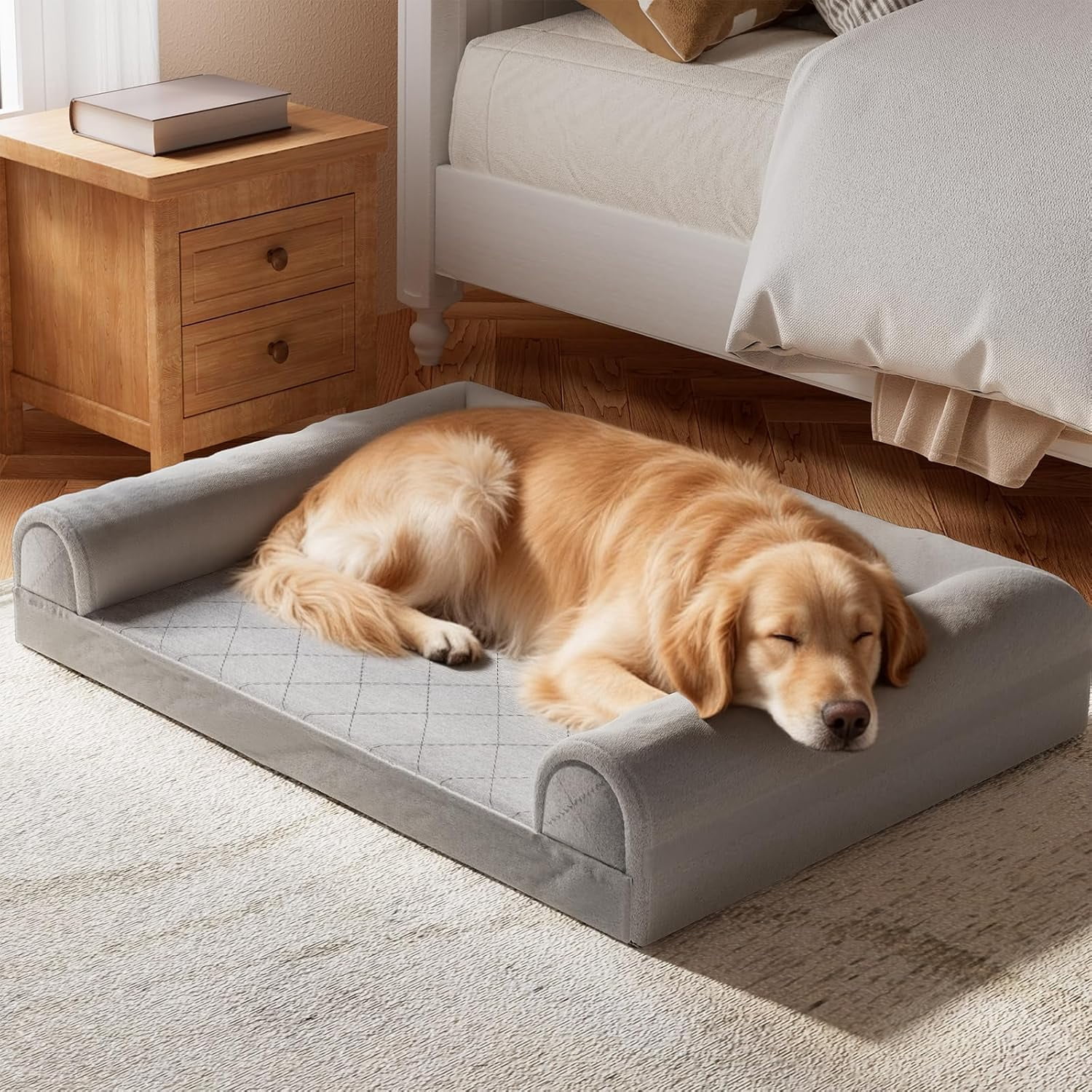 Dog Bed for Large Dogs, Orthopedic XL Pet Bed with Sides, Waterproof Egg Crate Foam Couch Sofa with Removable Cover and Anti-Slip Bottom, Grey