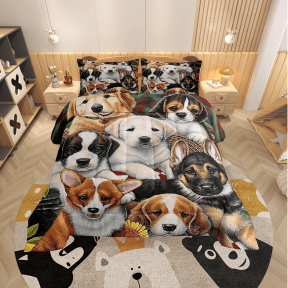 Dog Bedding Set Kawaii Room Decor Comforter Set Cute Pet Puppy Quilt Set Lovely Kawaii Pug German Shepherd Bedding Bedroom Collection 3Pcs King Size, with 2 Pillowcases