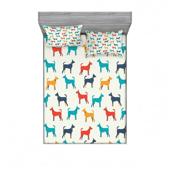 Dog Bedding Set with Sheet & Covers, Contemporary Colorful Illustration of Pet Contours in Retro Style Print, Printed Bedroom Decor 2 Shams, 4 Sizes, Grey Red Teal, by Ambesonne