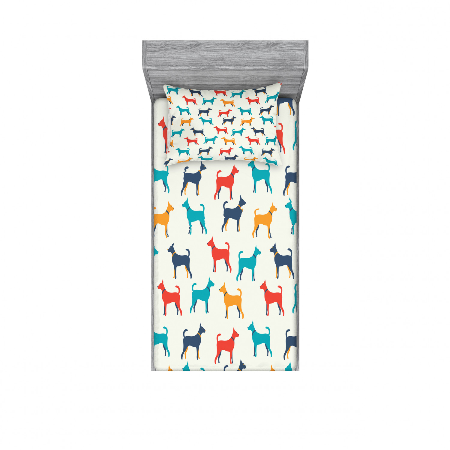 Dog Bedding Set with Sheet & Covers, Contemporary Colorful Illustration of Pet Contours in Retro