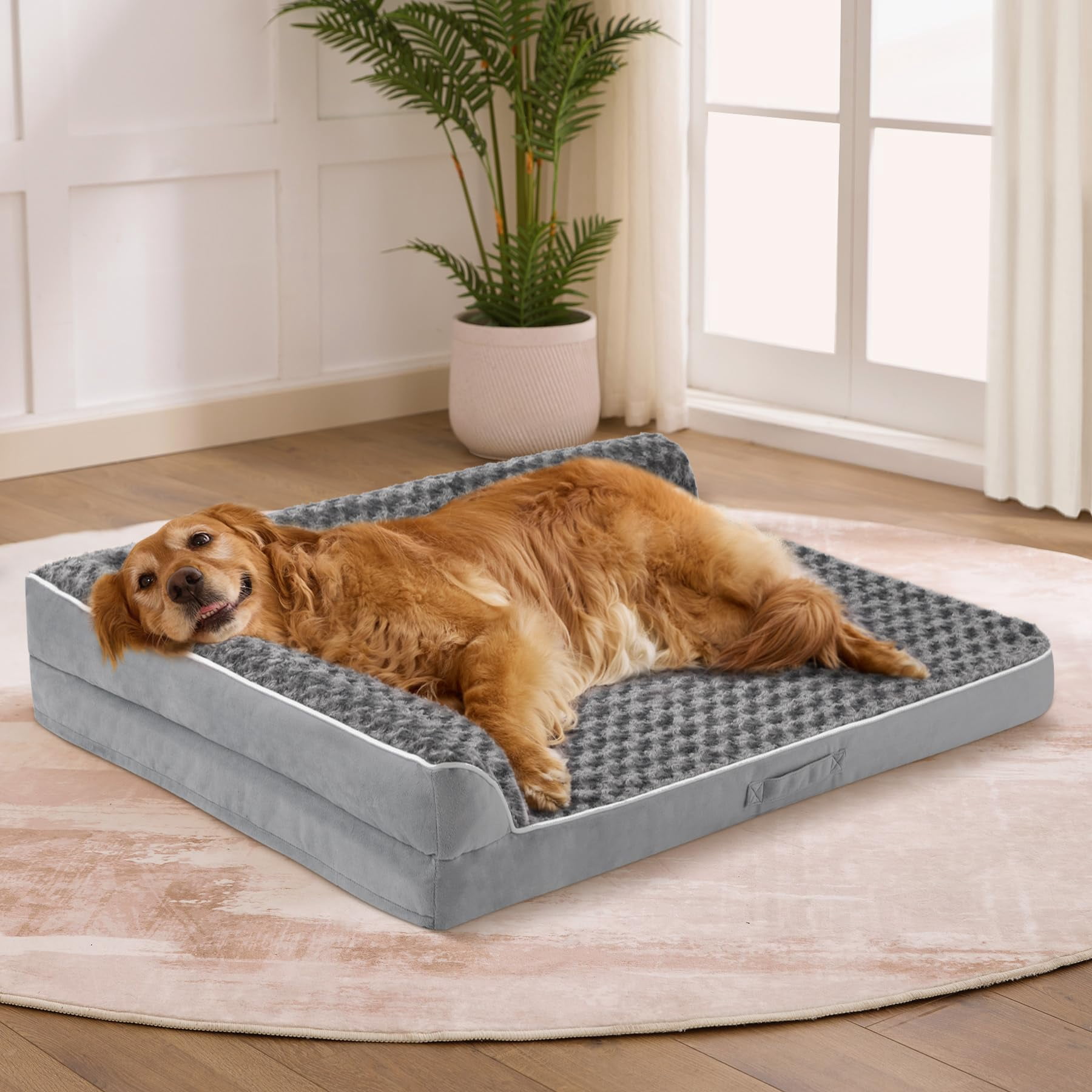 Dog Beds Large Sized Dogs  Xl For 42"x30"x7.5" Waterproof Pet Bed With Washable Cover L-shaped Couch Portable Handle Grey