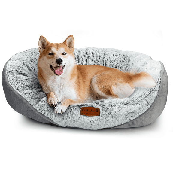 Dog Beds for Medium & Small Dogs - Round Cat Beds for Indoor Cats, Washable Pet Bed for Puppy and Kitten with Slip-Resistant Bottom (Light Grey, 25" L x 22" W x 8" Th)