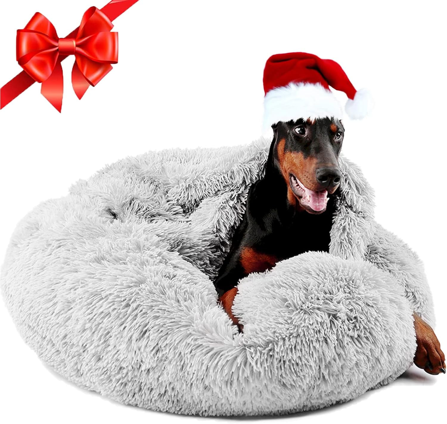 Dog Beds for Large Dogs, Donut Dog Bed with Blanket, Cozy Soft Fluffy Round Dog Bed, Calming Dog Bed Washable (20"/26"/35") Light Grey