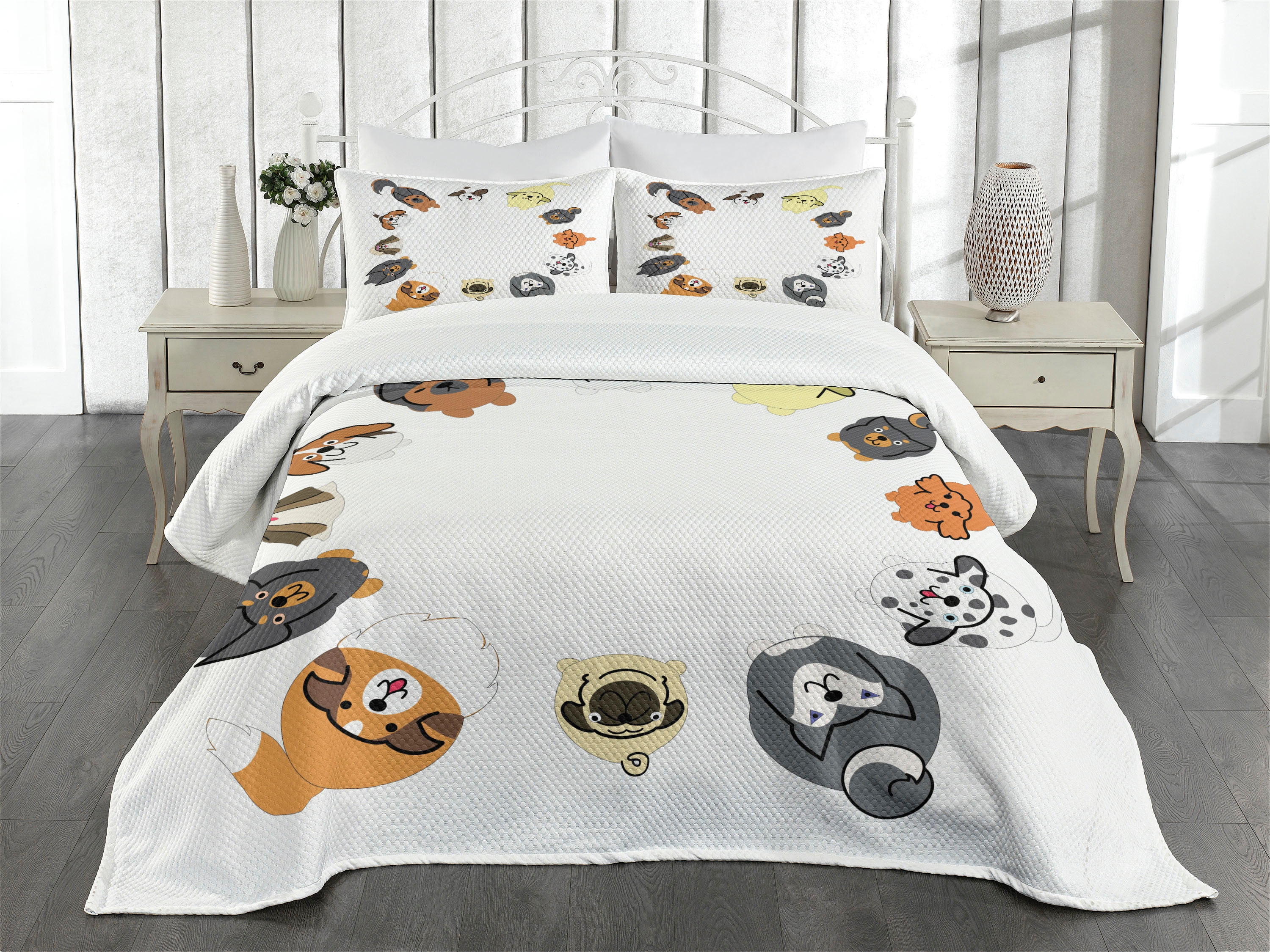 Dog Bedspread Set Queen Size, Various Different Dogs in Cartoon Style