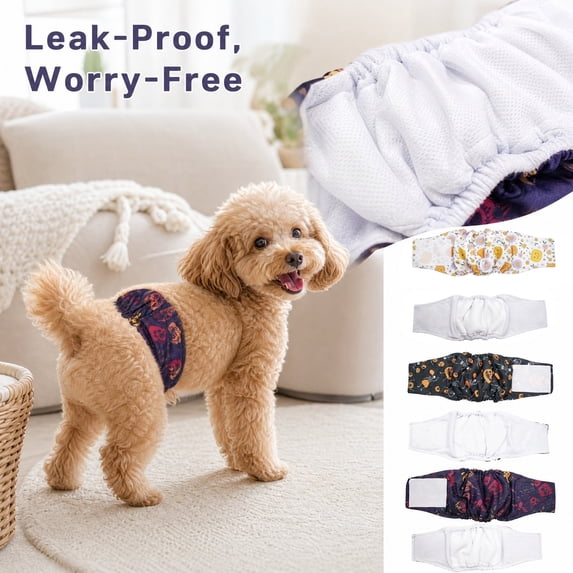 Dog Belly Bands & Male Dog Diapers, Washable Reusable Dog Diaper Cover, Halloween Spooky Season Printed Dog Garment, Waterproof Breathable Polyester Fabric, Adjustable Hook and